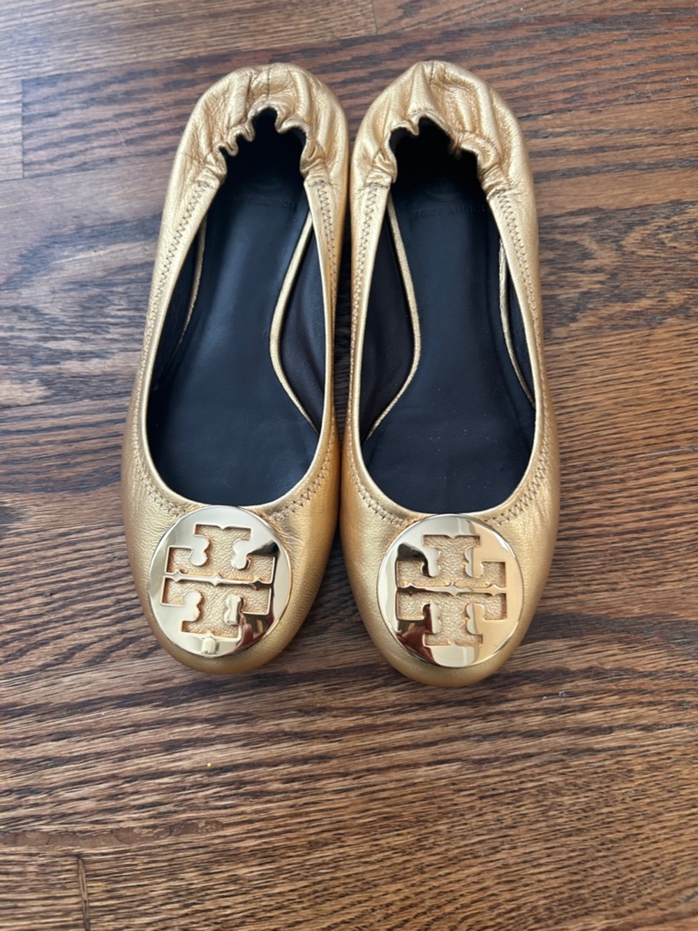 Tory Burch Metallic Gold Logo Ballet Flats